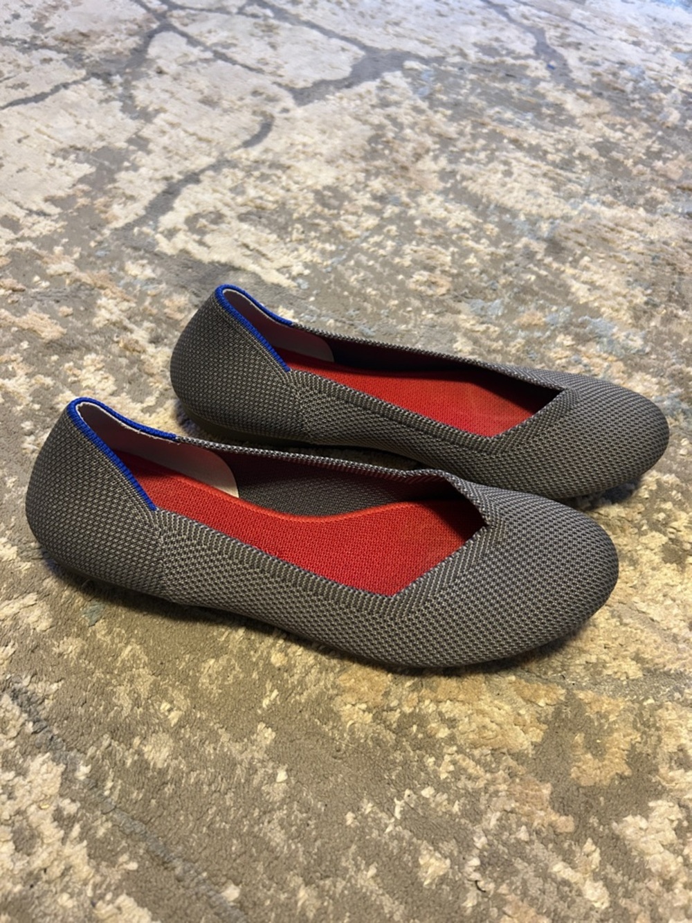 Rothy's Gray Knit Flats with Red Insole and Blue Trim